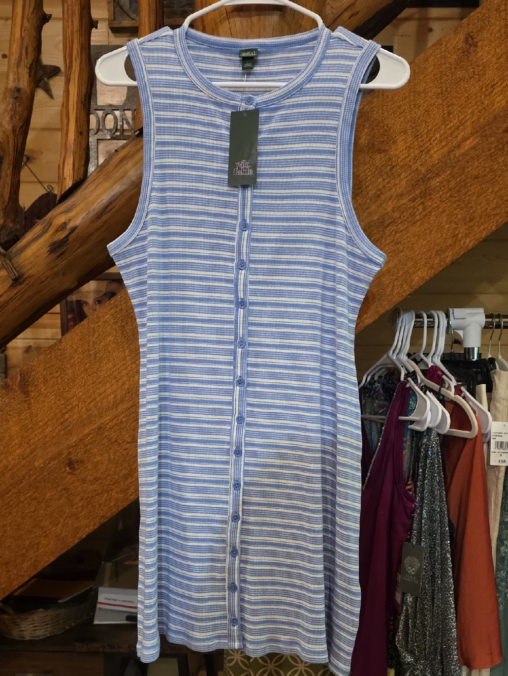 wild fable Blue & White Ribbed Button-Front Tank Dress